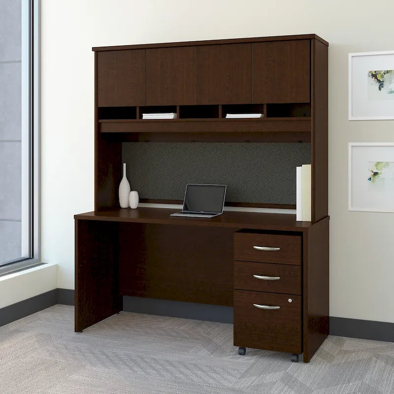 60 Inch Wide Home Office Desk with Upper Hutch, Drawers and File Cabinet Storage
