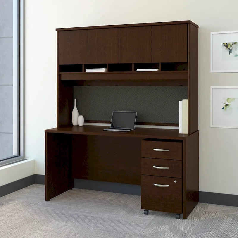 60 Inch Wide Home Office Desk with Upper Hutch, Drawers and File Cabinet Storage