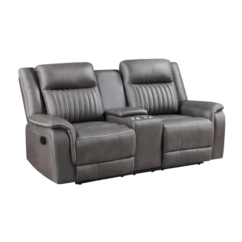 Dwuosobowa sofa z dwoma ręcznie rozkładanymi fotelami, konsolą z uchwytami na kubki, szara, 76 cali