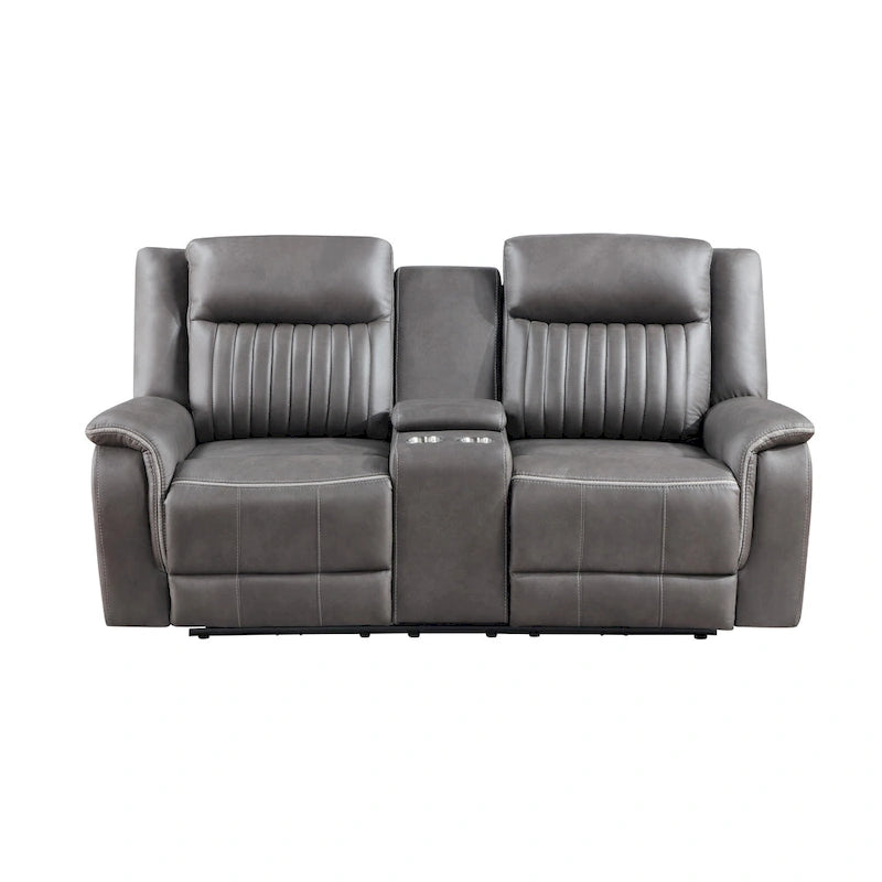 Dwuosobowa sofa z dwoma ręcznie rozkładanymi fotelami, konsolą z uchwytami na kubki, szara, 76 cali