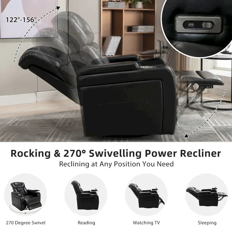 Drehbarer elektrischer Relaxsessel aus PU-Leder mit Telefonhalter, Getränkehalter und USB-Anschluss, 270, für das Heimkino im Wohnzimmer