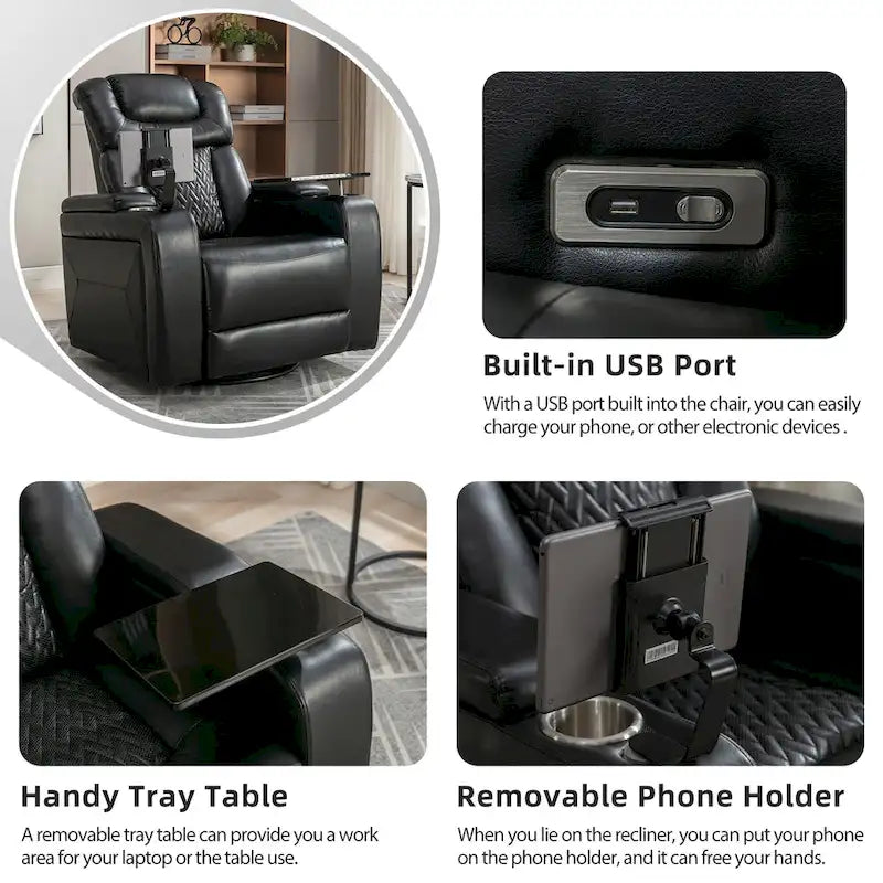 Drehbarer elektrischer Relaxsessel aus PU-Leder mit Telefonhalter, Getränkehalter und USB-Anschluss, 270, für das Heimkino im Wohnzimmer
