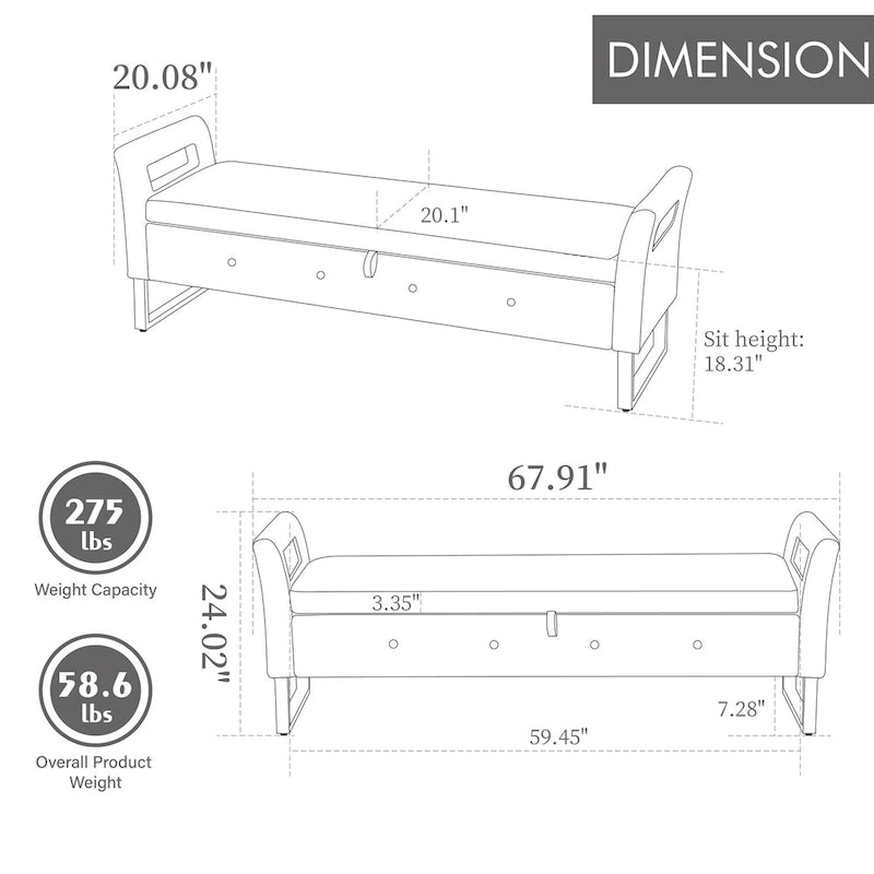 67.91 Velvet Storage Bench with Armrests and Wood Frame for Bedroom