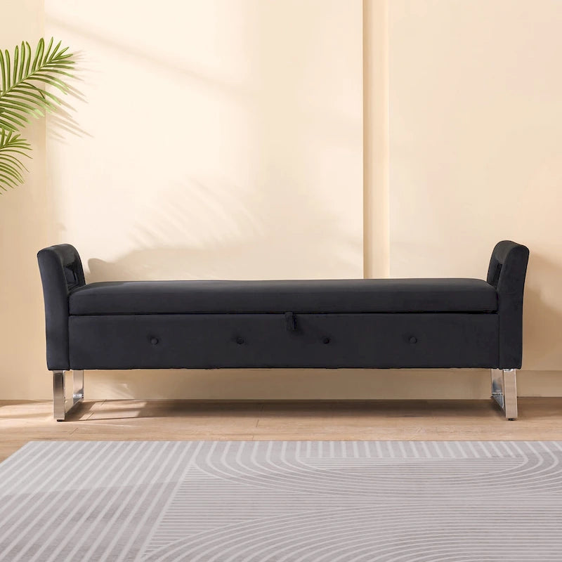 67.91 Velvet Storage Bench with Armrests and Wood Frame for Bedroom