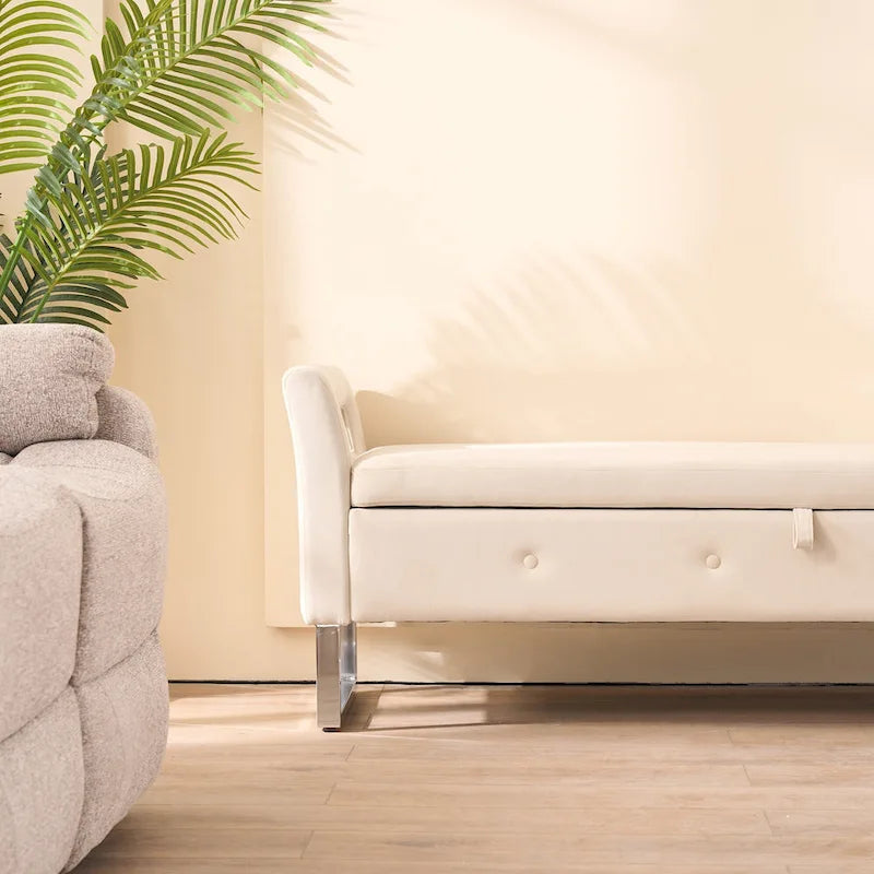 67.91 Velvet Storage Bench with Armrests and Wood Frame for Bedroom
