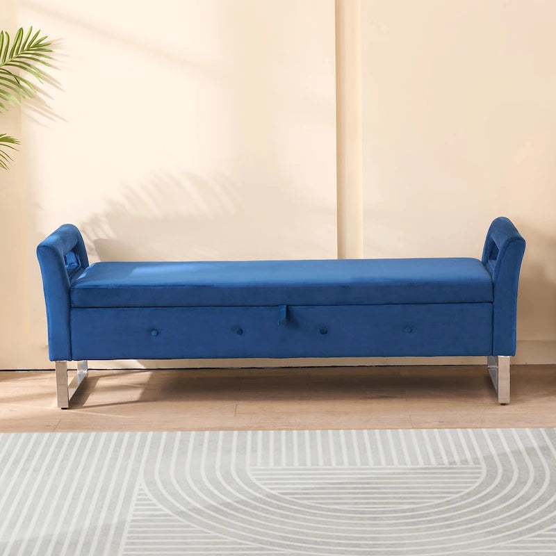 67.91 Velvet Storage Bench with Armrests and Wood Frame for Bedroom
