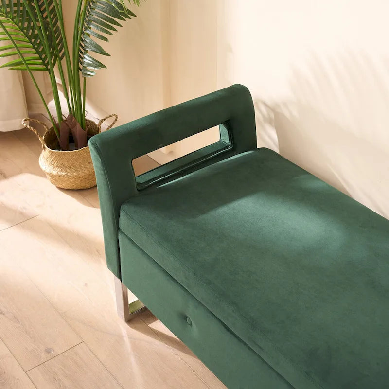 67.91 Velvet Storage Bench with Armrests and Wood Frame for Bedroom