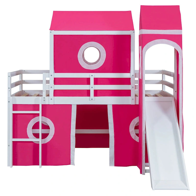 Solid Wood Loft House Bed with Slide Tent, Tower, Ladder, and Fence Baffle for Bedroom