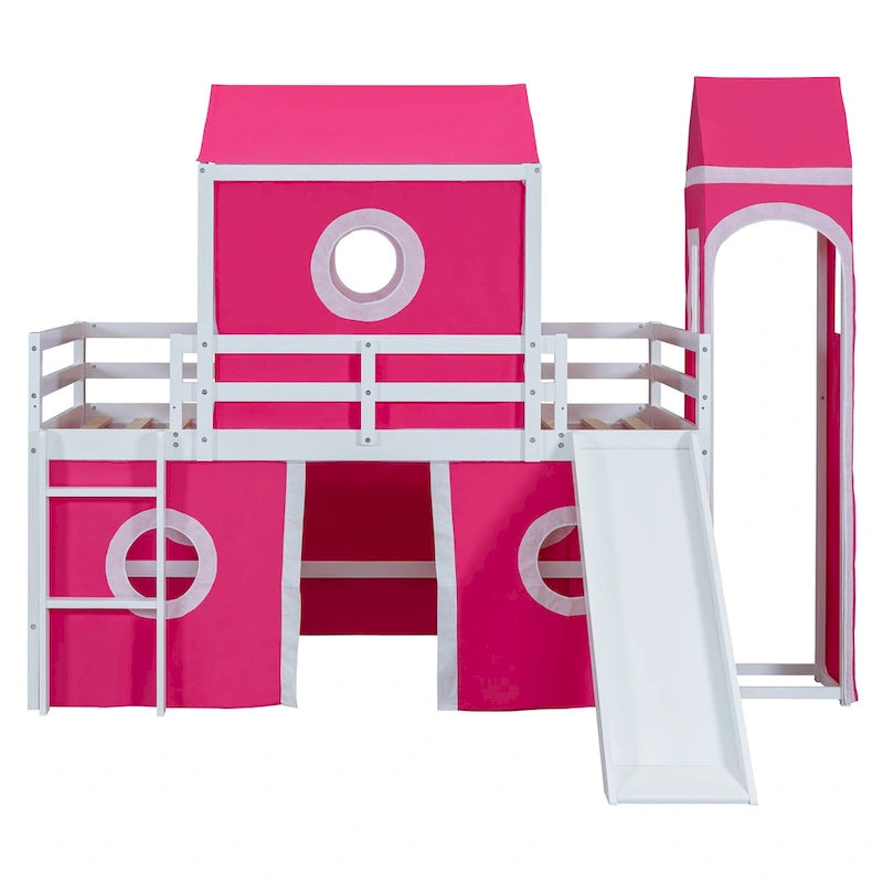 Solid Wood Loft House Bed with Slide Tent, Tower, Ladder, and Fence Baffle for Bedroom