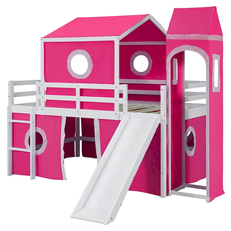 Solid Wood Loft House Bed with Slide Tent, Tower, Ladder, and Fence Baffle for Bedroom