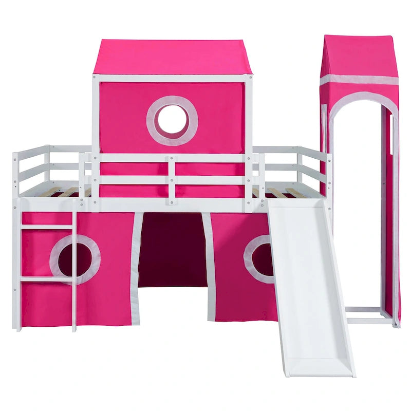 Solid Wood Loft House Bed with Slide Tent, Tower, Ladder, and Fence Baffle for Bedroom