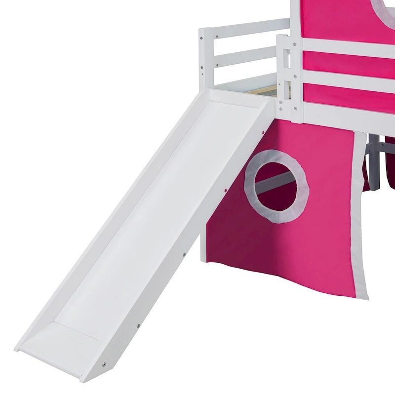 Solid Wood Loft House Bed with Slide Tent, Tower, Ladder, and Fence Baffle for Bedroom