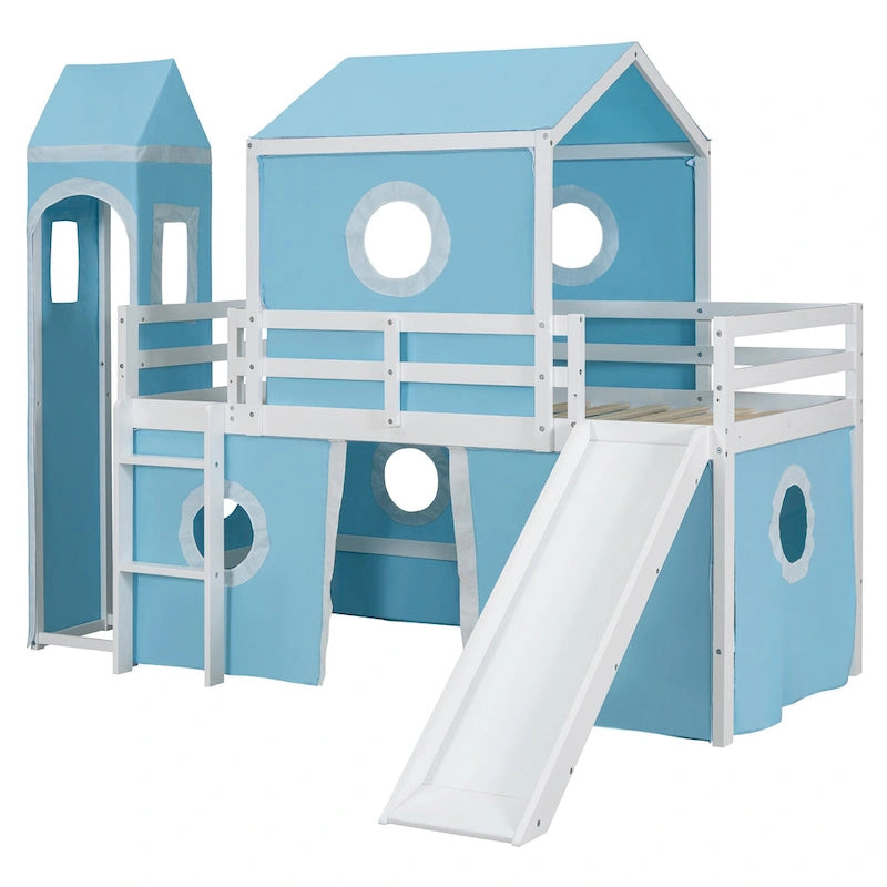 Solid Wood Loft House Bed with Slide Tent, Tower, Ladder, and Fence Baffle for Bedroom
