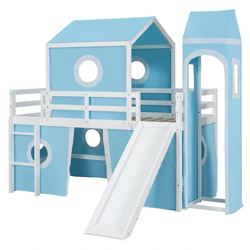 Solid Wood Loft House Bed with Slide Tent, Tower, Ladder, and Fence Baffle for Bedroom