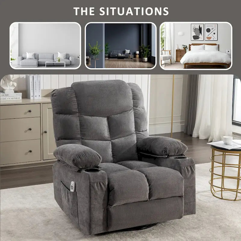 Grey Oversized Recliner with Heat and Massage, 150 Recline, 30 Rocking, USB Charging, and 2 Cup Holders