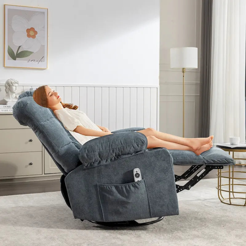 Grey Oversized Recliner with Heat and Massage, 150 Recline, 30 Rocking, USB Charging, and 2 Cup Holders