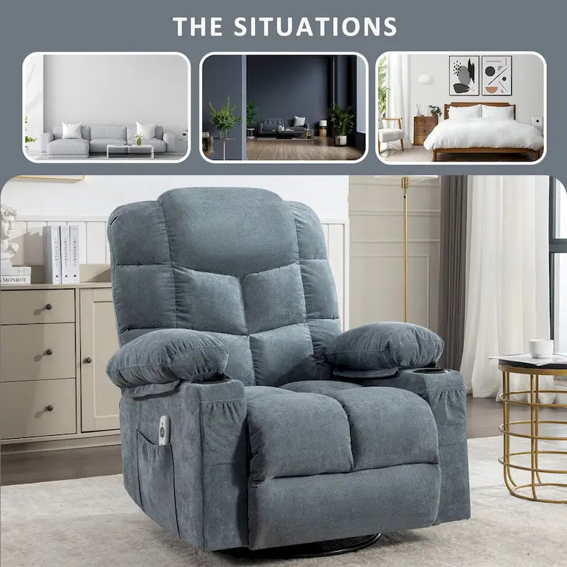 Grey Oversized Recliner with Heat and Massage, 150 Recline, 30 Rocking, USB Charging, and 2 Cup Holders