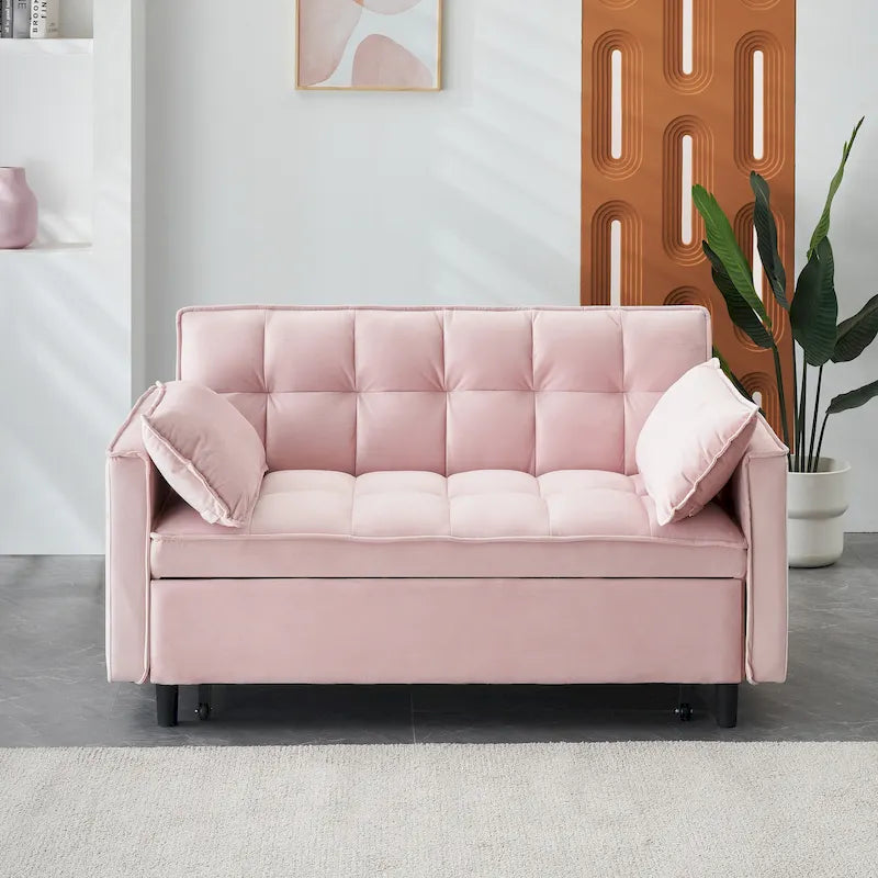 Canapé 2 places-lit moderne rose en velours avec dossier et coussins pour le salon
