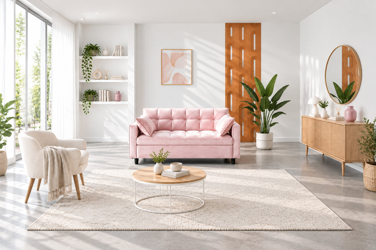 Pink Modern 55 3 in 1 Velvet Loveseat Convertible Sofa Bed with Backrest and Pillows for Living Room