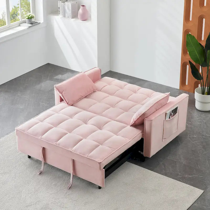 Pink Modern Velvet Loveseat Sofa Bed with Backrest and Pillows for Living Room