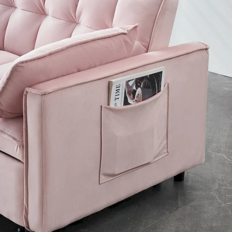 Canapé 2 places-lit moderne rose en velours avec dossier et coussins pour le salon