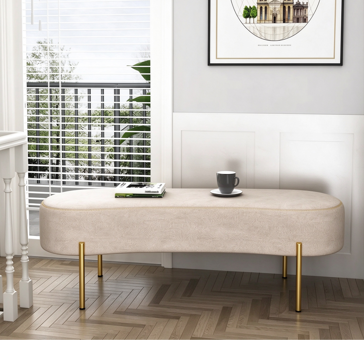 Bank, moderane Ottomane, Bettbank, Flurbank mit goldenen Beinen fürs Wohnzimmer