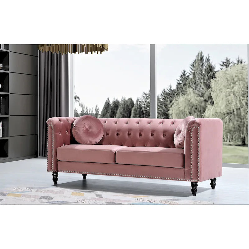 Classic Velvet Chesterfield Sofa with Brass Nailhead Trim, Upholstered Loveseat