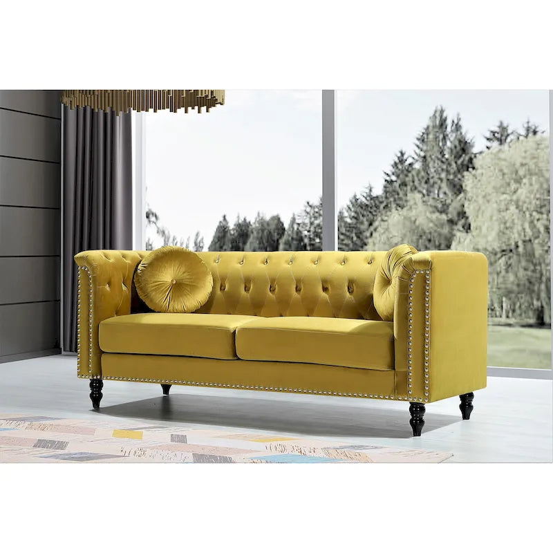 Classic Velvet Chesterfield Sofa with Brass Nailhead Trim, Upholstered Loveseat
