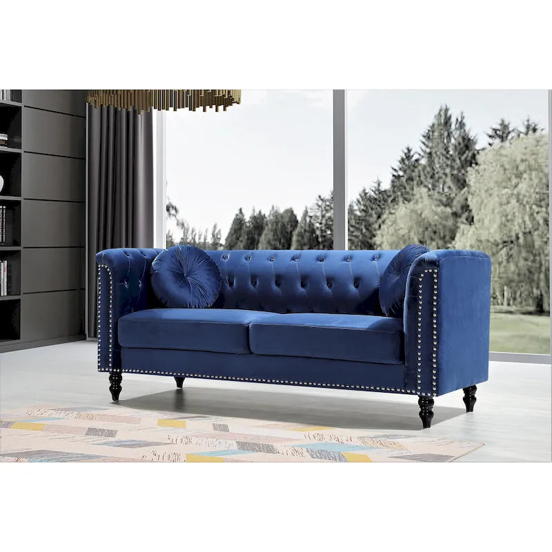 Classic Velvet Chesterfield Sofa with Brass Nailhead Trim, Upholstered Loveseat