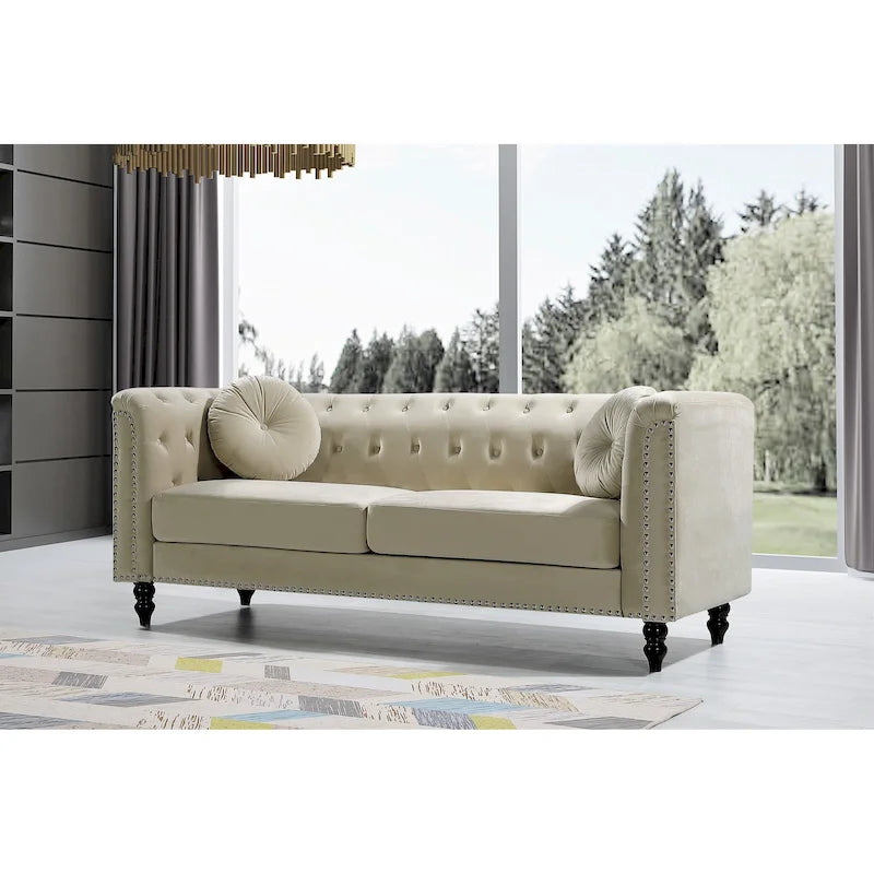 Classic Velvet Chesterfield Sofa with Brass Nailhead Trim, Upholstered Loveseat