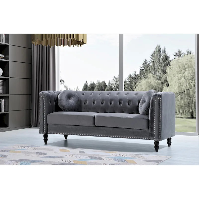 Classic Velvet Chesterfield Sofa with Brass Nailhead Trim, Upholstered Loveseat