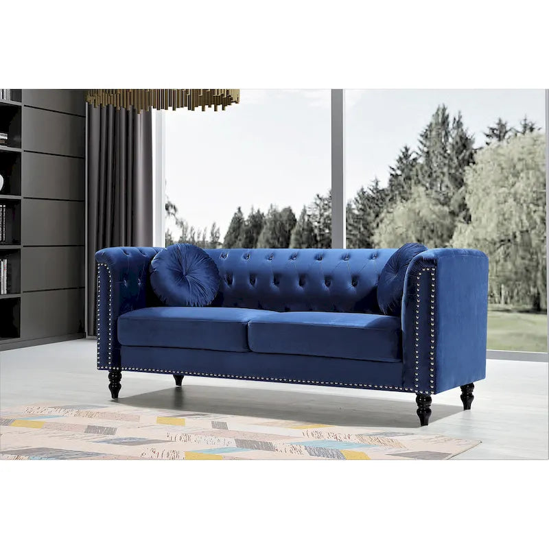Classic Velvet Chesterfield Sofa with Brass Nailhead Trim, Upholstered Loveseat