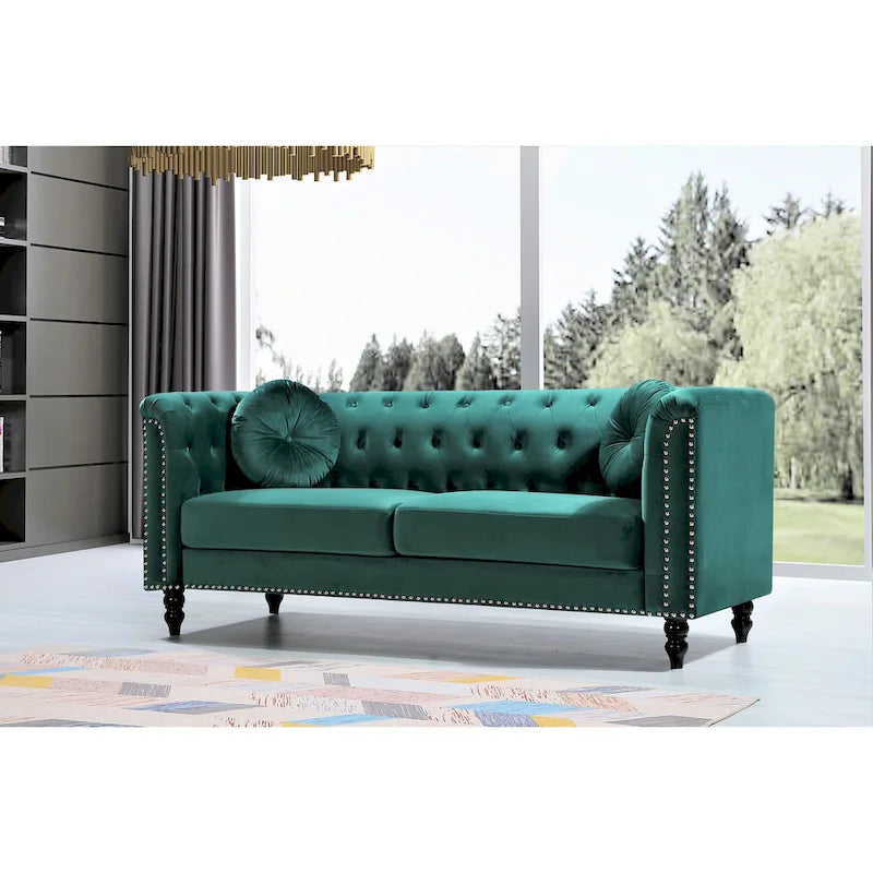 Klassisches Chesterfield-Sofa aus Samt mit Messing-Nagelkopfbesatz, gepolsterter Zweisitzer