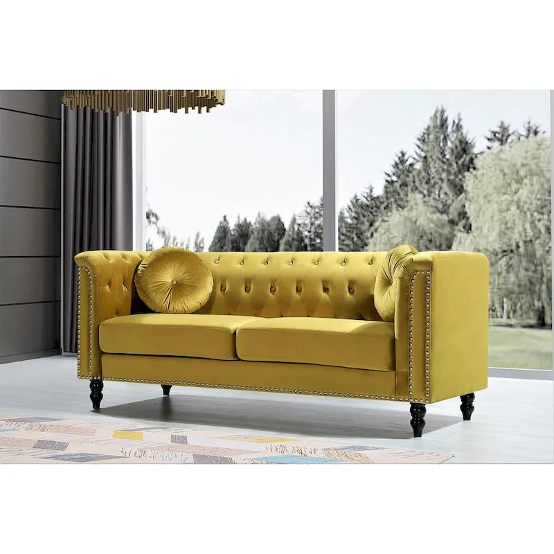 Classic Velvet Chesterfield Sofa with Brass Nailhead Trim, Upholstered Loveseat