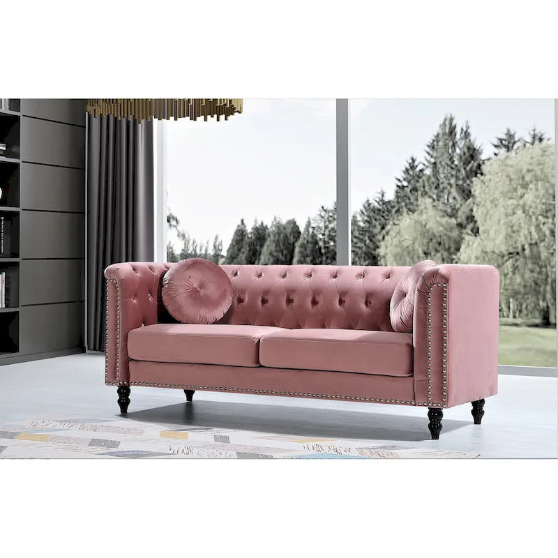 Klassisches Chesterfield-Sofa aus Samt mit Messing-Nagelkopfbesatz, gepolsterter Zweisitzer