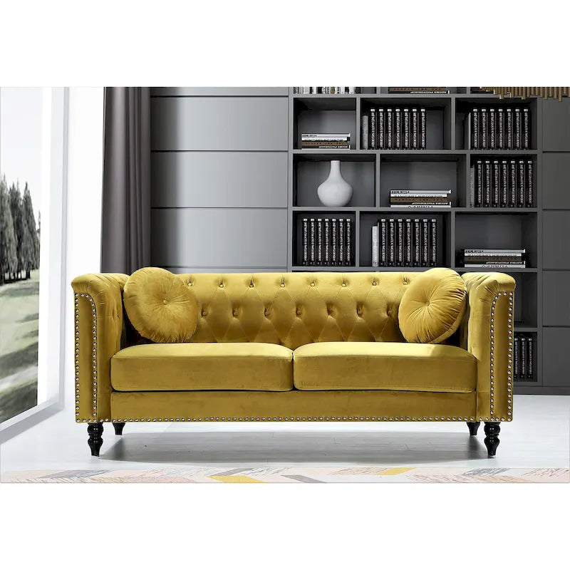 Klassisches Chesterfield-Sofa aus Samt mit Messing-Nagelkopfbesatz, gepolsterter Zweisitzer