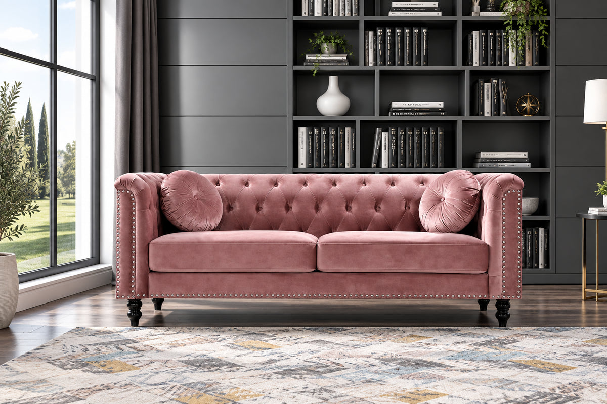 Classic Velvet Chesterfield Sofa with Brass Nailhead Trim, Upholstered Loveseat