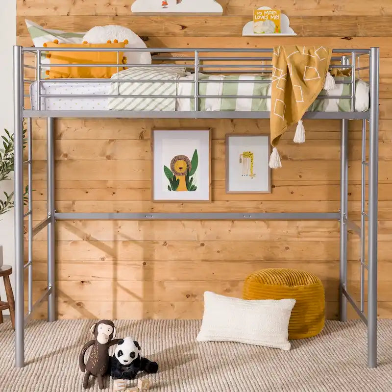 Silbernes Deluxe-Hochbett aus Metall in Twin-Größe mit Leiter und Schutzgeländer für das Kinderzimmer