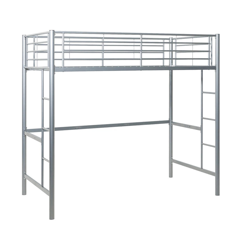 Silbernes Deluxe-Hochbett aus Metall in Twin-Größe mit Leiter und Schutzgeländer für das Kinderzimmer