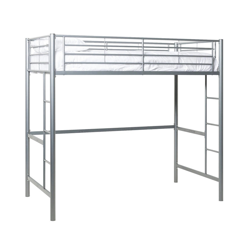 Silbernes Deluxe-Hochbett aus Metall in Twin-Größe mit Leiter und Schutzgeländer für das Kinderzimmer