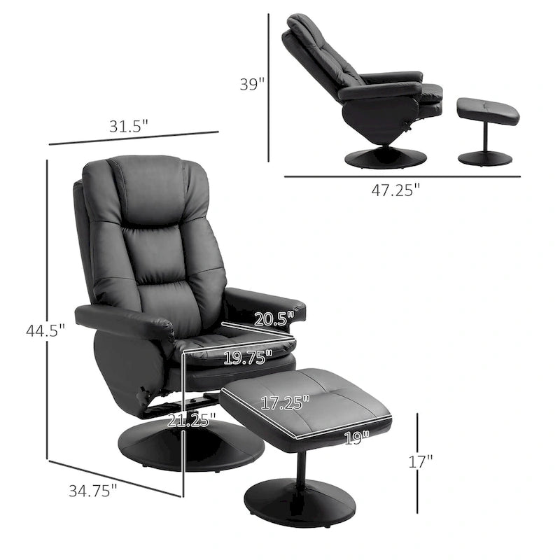 Recliner and Ottoman with Wrapped Base, Swivel PU Leather Reclining Chair with Footrest for Living Room