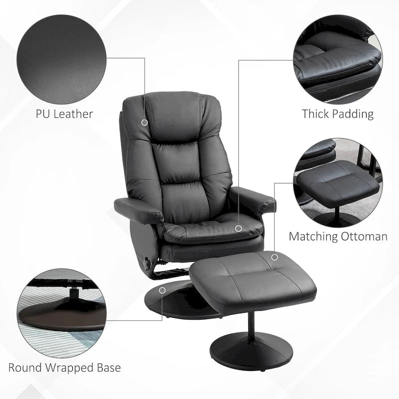 Recliner and Ottoman with Wrapped Base, Swivel PU Leather Reclining Chair with Footrest for Living Room