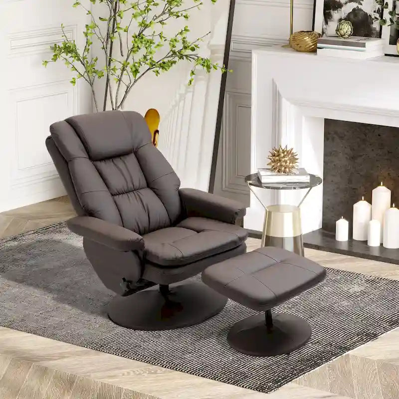 Recliner and Ottoman with Wrapped Base, Swivel PU Leather Reclining Chair with Footrest for Living Room