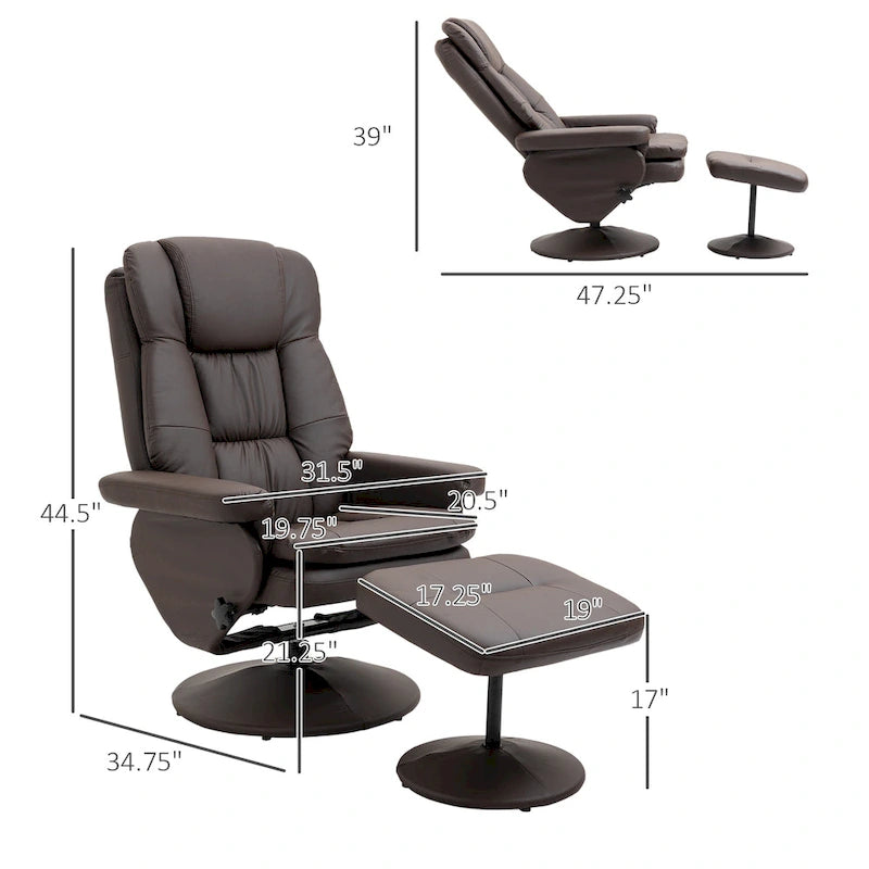 Recliner and Ottoman with Wrapped Base, Swivel PU Leather Reclining Chair with Footrest for Living Room
