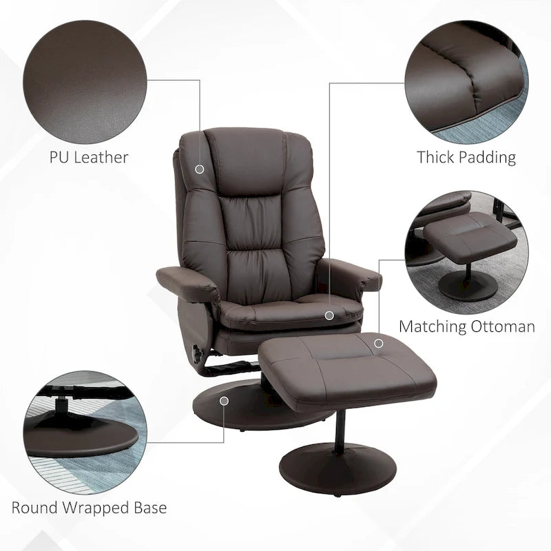 Recliner and Ottoman with Wrapped Base, Swivel PU Leather Reclining Chair with Footrest for Living Room