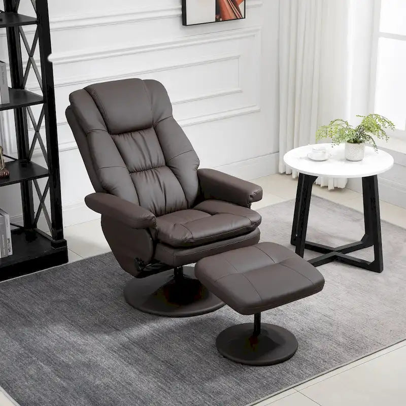 Recliner and Ottoman with Wrapped Base, Swivel PU Leather Reclining Chair with Footrest for Living Room