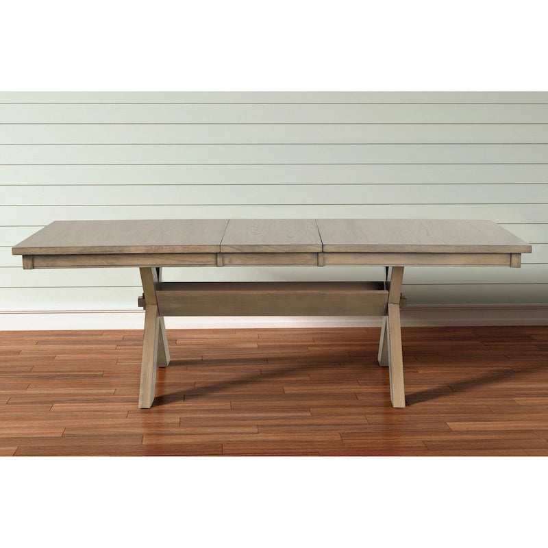 Wood Trestle Extendable Dining Table with Leaf, Glazed Pine Brown