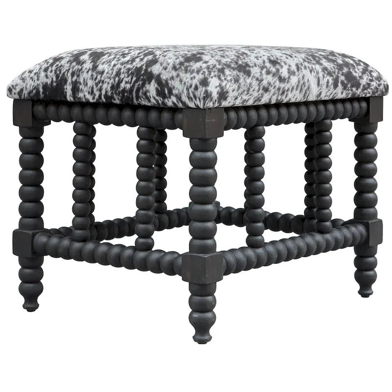 Faux Cow Hide Small Bench, Matte Black Mahogany Base