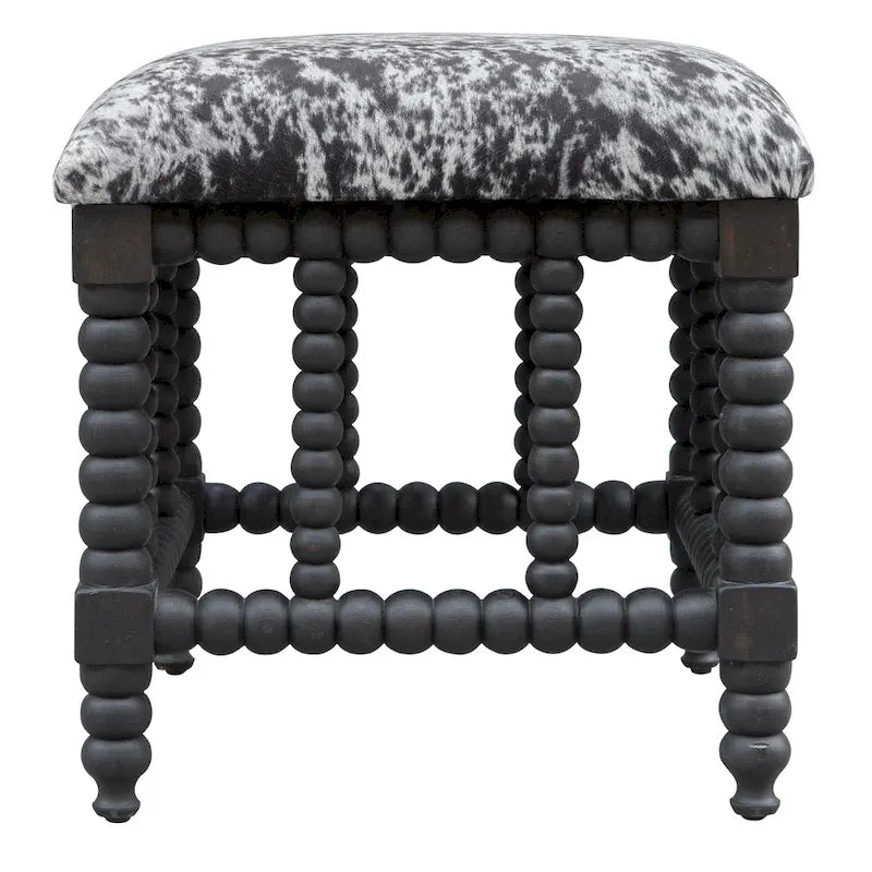 Faux Cow Hide Small Bench, Matte Black Mahogany Base