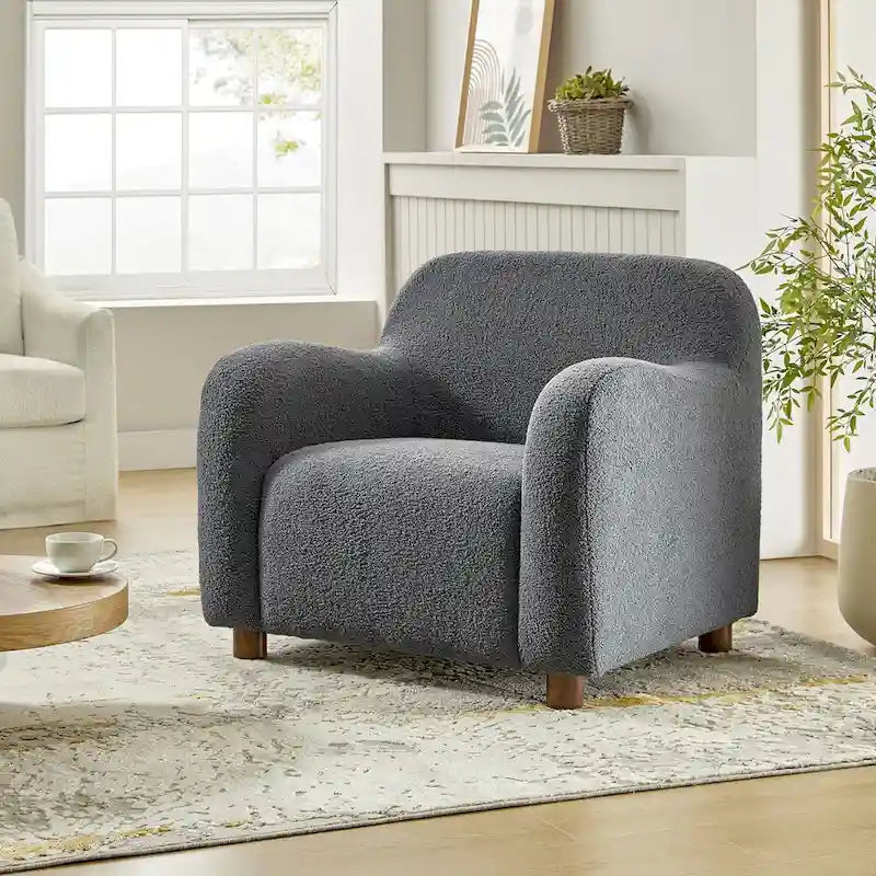 Bouclé Teddy-accentstoel van 35 inch met bekleding en poten van massief hout